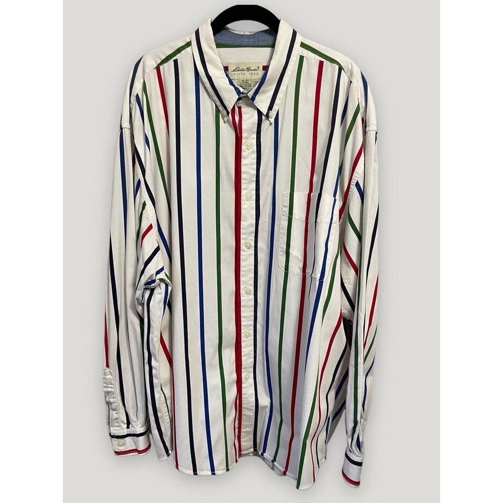 Vintage 90s Eddie Bauer Striped Button Down Long Sleeve White Red Green Shirt XL